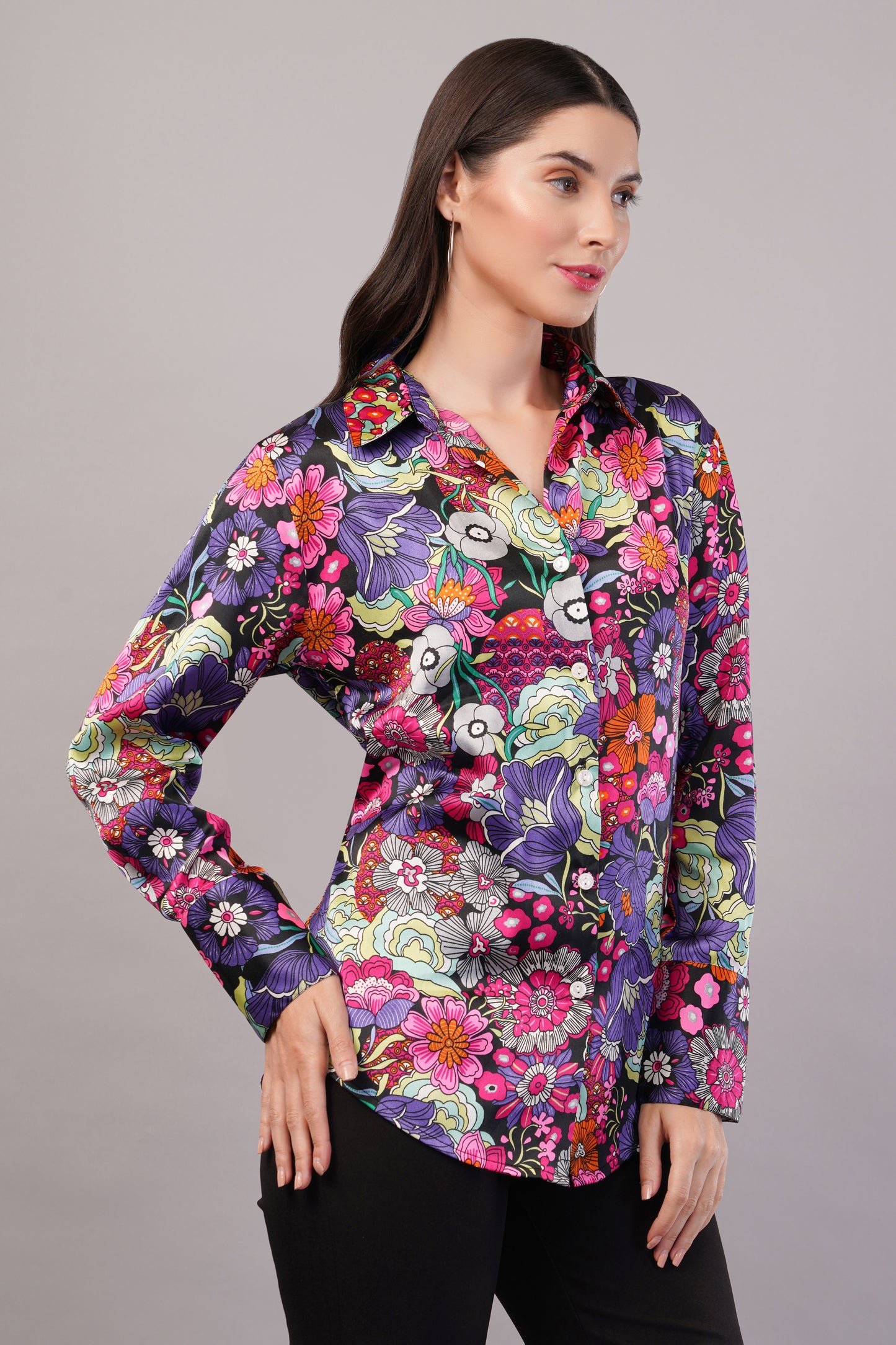 Black Floral Print Satin Shirt