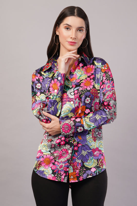 Black Floral Print Satin Shirt