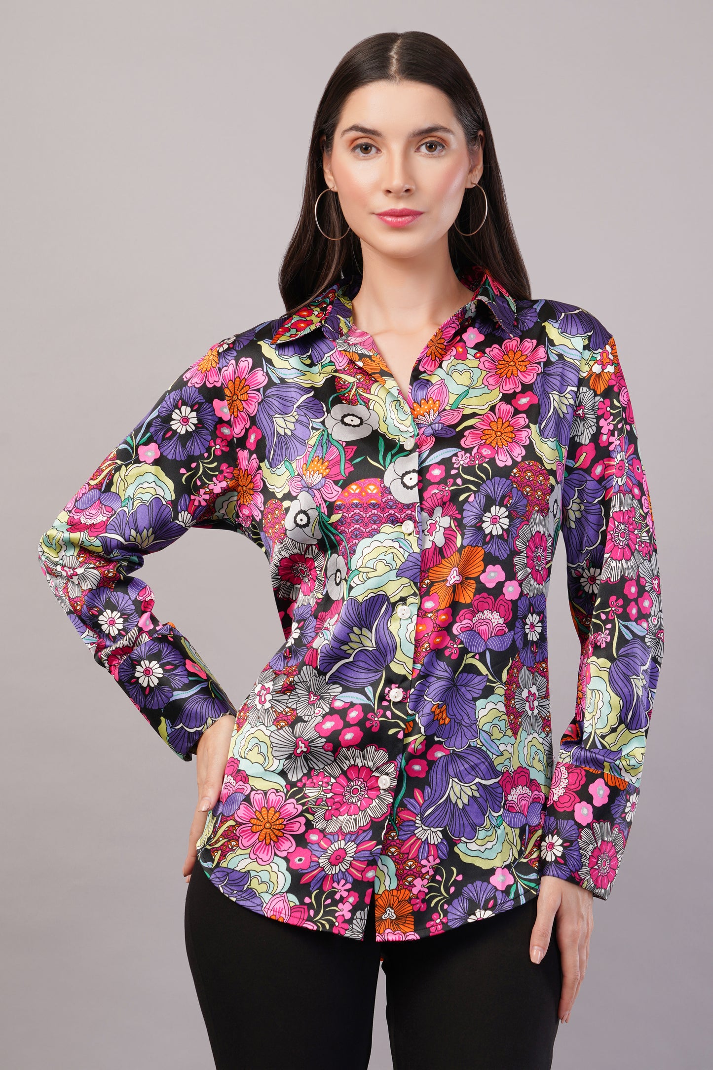 Black Floral Print Satin Shirt