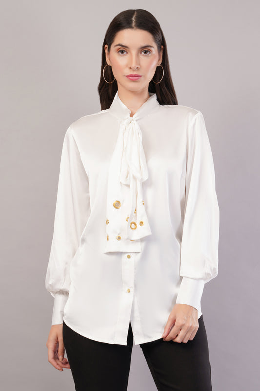 White Tie Neck Shirt